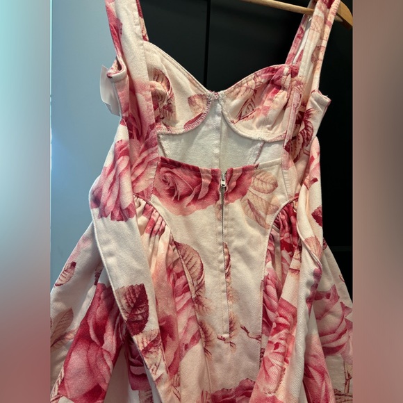 ASOS LUXE denim corseted printed skater mini dress bow back pink Rose floral NEW - Picture 7 of 8